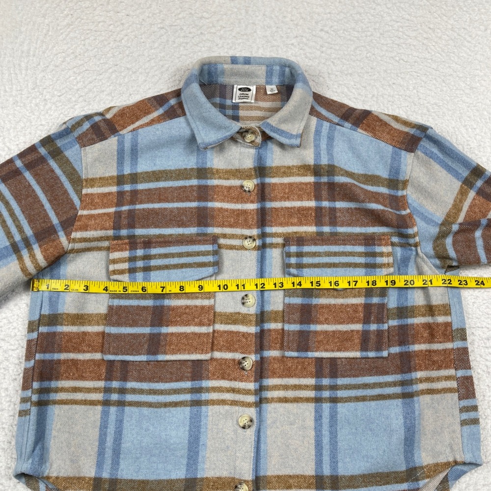 Ford Bronco Flannel Shirt Womens Small Blue Brown Plaid Graphic Back Shacket - Picture 4 of 12